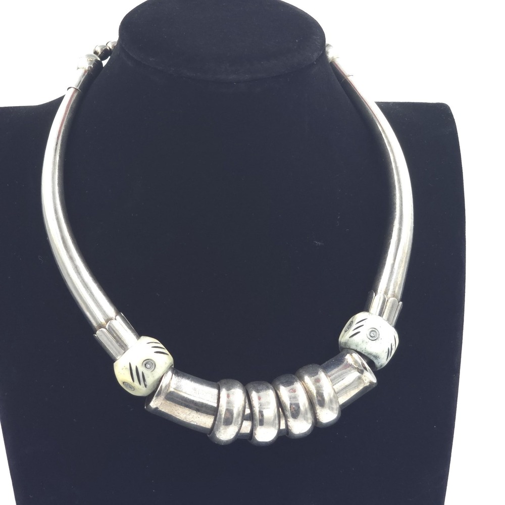 Vintage Tube Bead Torque Collar Tribal Style Silver Tone Choker Necklace